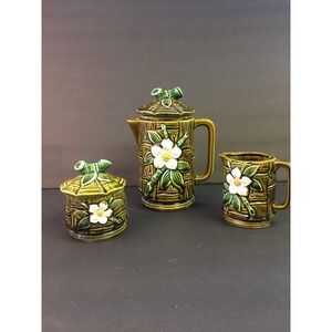 Vintage TILSO Japan Hand Painted Tea Coffee Pot Cream Sugar Bamboo Motif